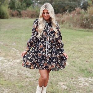 Entro Black Floral Long Sleeve Button Down Dress